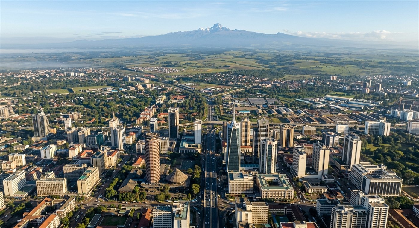 Aerial view of Nairobi, Kenya, with Mount Kenya in the background